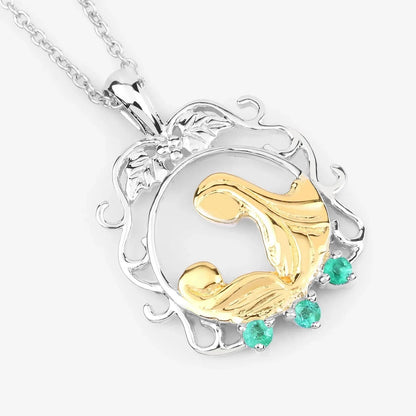 Round Green Emerald Prong Silver Pendant Necklace