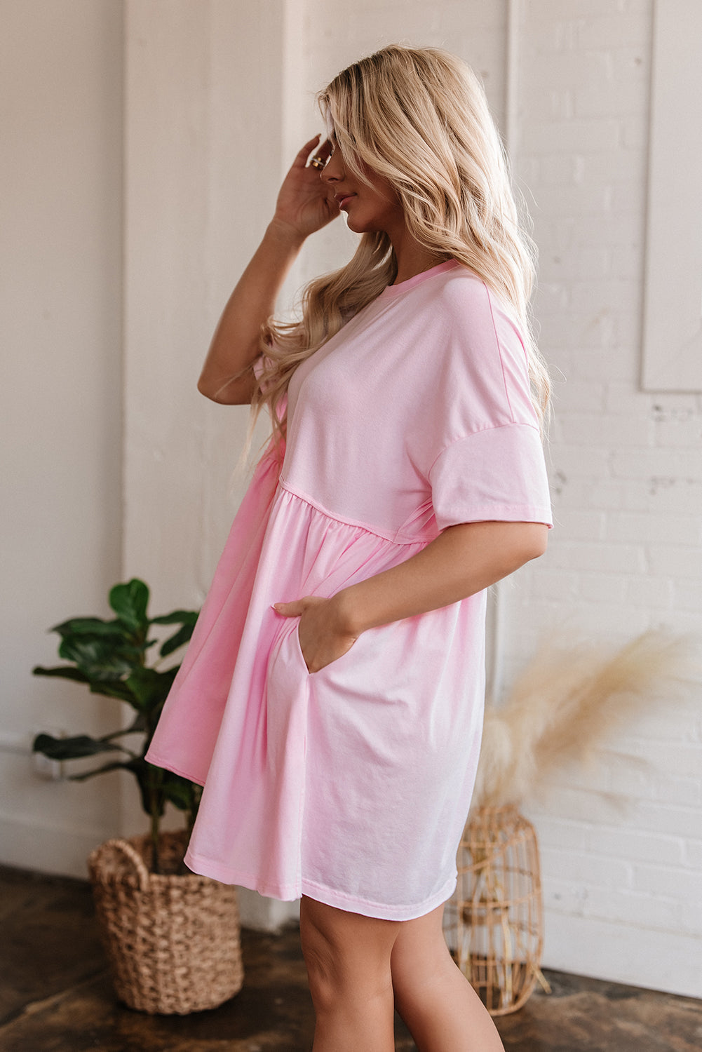 Threaded Pear Estella Pocketed Raw Edge Babydoll Dress