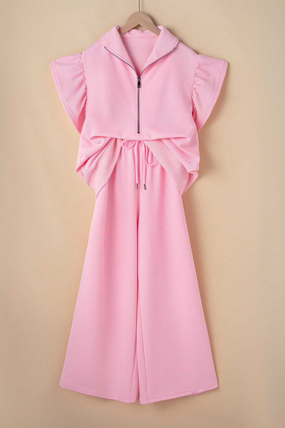 Kallie Ruffled Sleeve Zipped Top and Wide Leg Pants Set - Threaded Pear