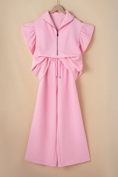 Threaded Pear Kallie Ruffled Sleeve Zipped Top and Wide Leg Pants Set