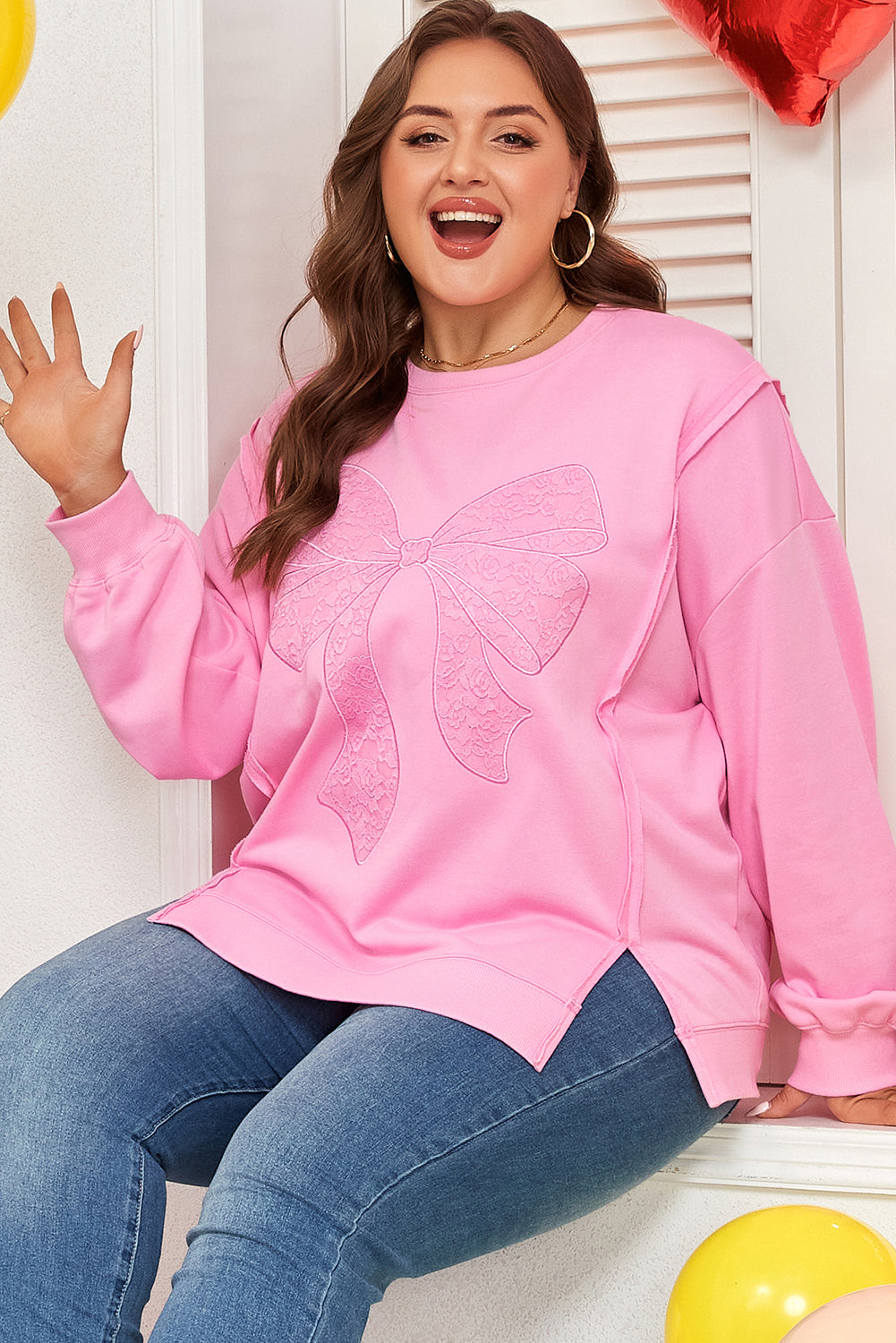 Threaded Pear Pink Big Bow Lace Embroidered Dolman Sleeve Slit Plus Size Sweatshirt