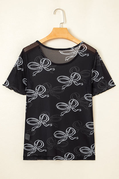 Threaded Pear Maddie Bow Mesh Short Sleeve Top