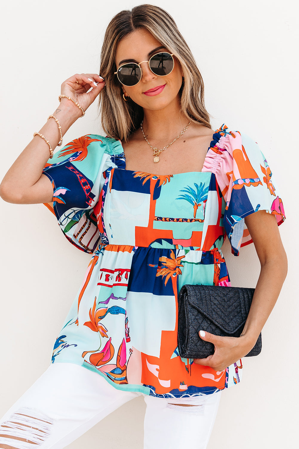 Threaded Pear Payton Tropical Flutter Sleeve Babydoll Blouse