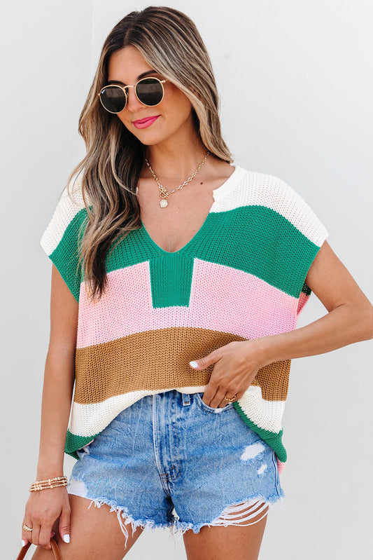 Elliot Color Block Notch V Neck Sweater Top by Threaded Pear