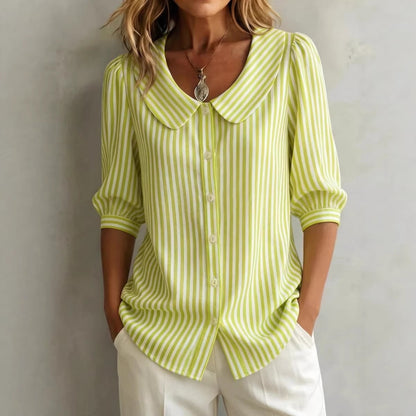 Striped V-Neck Top – Three-Quarter Sleeve Casual Shirt