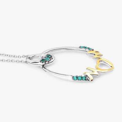 Round Green Emerald Prong Silver Mom Heart Pendant Necklace