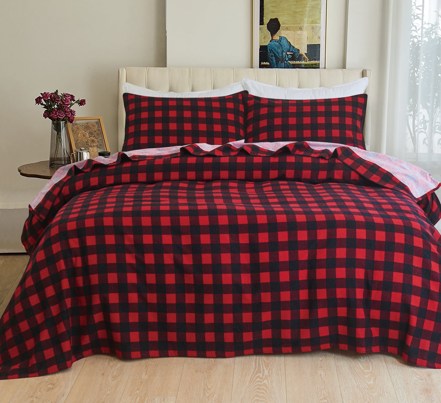 Mocassi Buffalo Checkered Pattern - 100% Turkish Cotton Flannel, 4-Piece Flannel Sheet Set