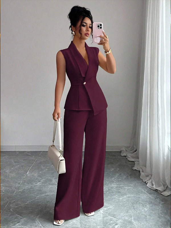 Women's Peplum Sleeveless Blazer & Wide-Leg Pants Two-Piece Set