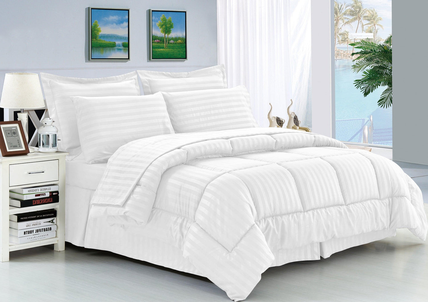 Elegant Comfort 8-Piece Dobby Stripe Comforter Set - Includes 4-Piece Sheet Set with Double Sided Storage Pockets