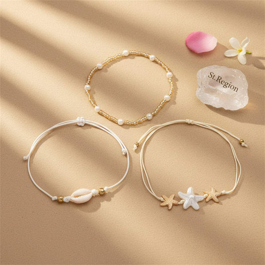 Pearl & Acrylic Polyster Goldtone Shell Starfish Charm Anklet Set