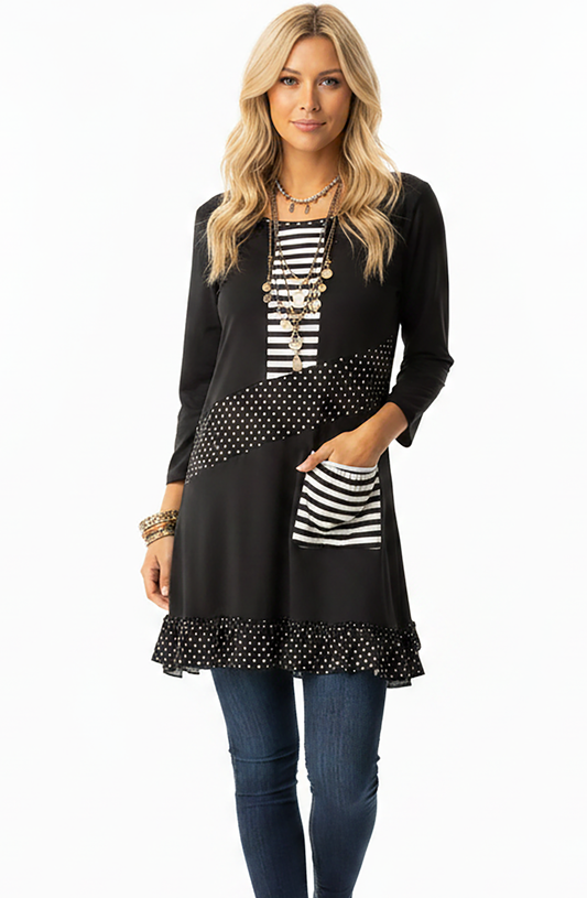 Black White Polkadot Stripe-