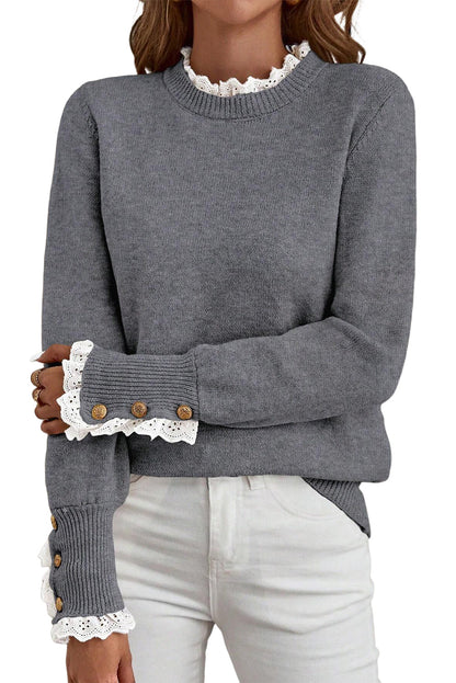 Sleet Lace Trim Patchwork Buttoned Cuffs Loose Sweater