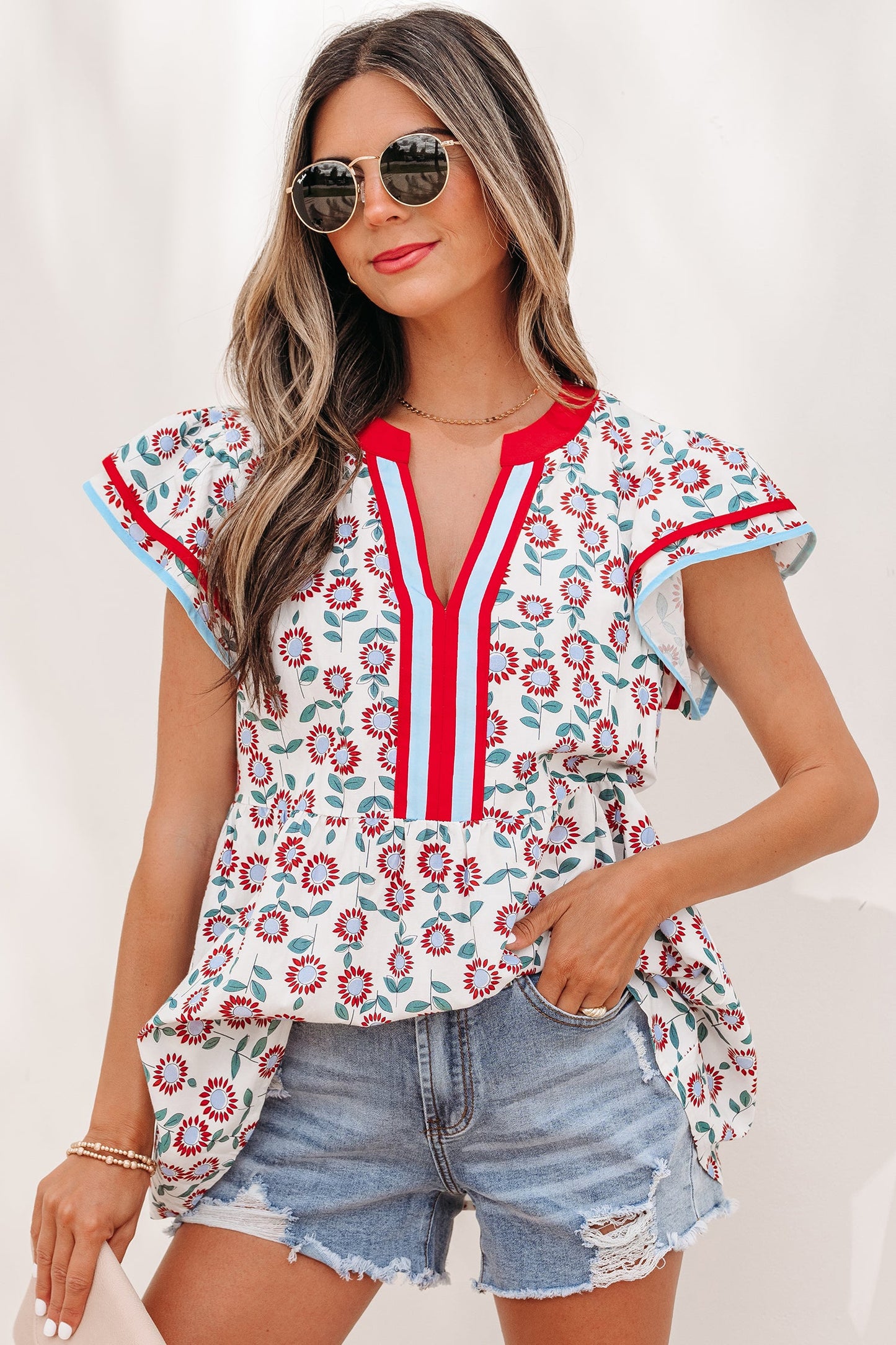 Threaded Pear Avery Trim Flutter Sleeve Blouse