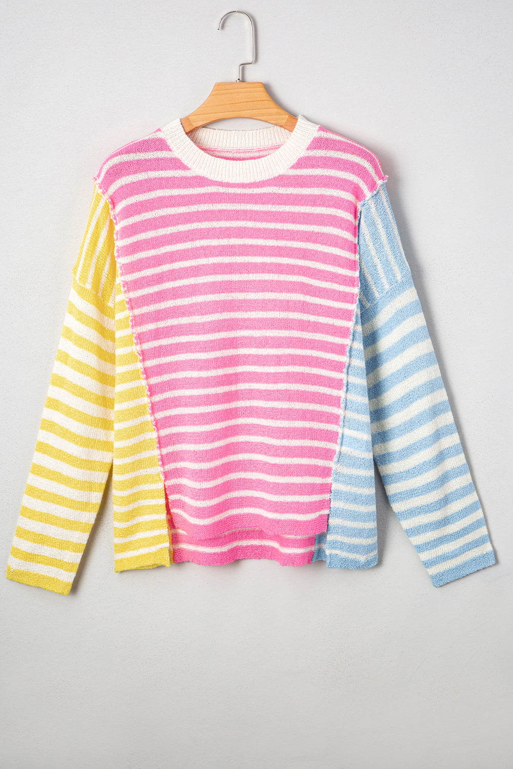 Threaded Pear Esther Striped Patchwork Dolman Sleeve Slit Sweater