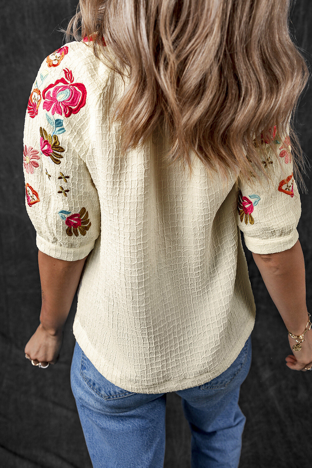 Threaded Pear August Floral Embroidered Puff Sleeve Blouse