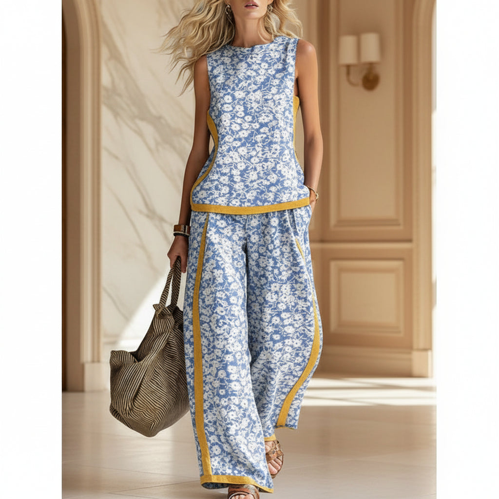 Printed Retro Sleeveless Top & Wide-Leg Pants Set | 12 Prints S–5XL