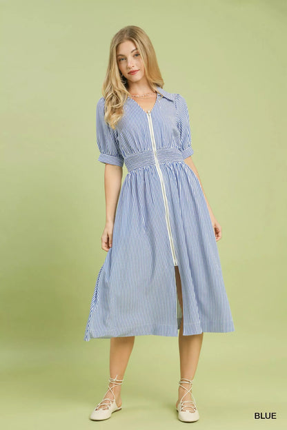 Umgee Striped Midi Dress with Front Zipper