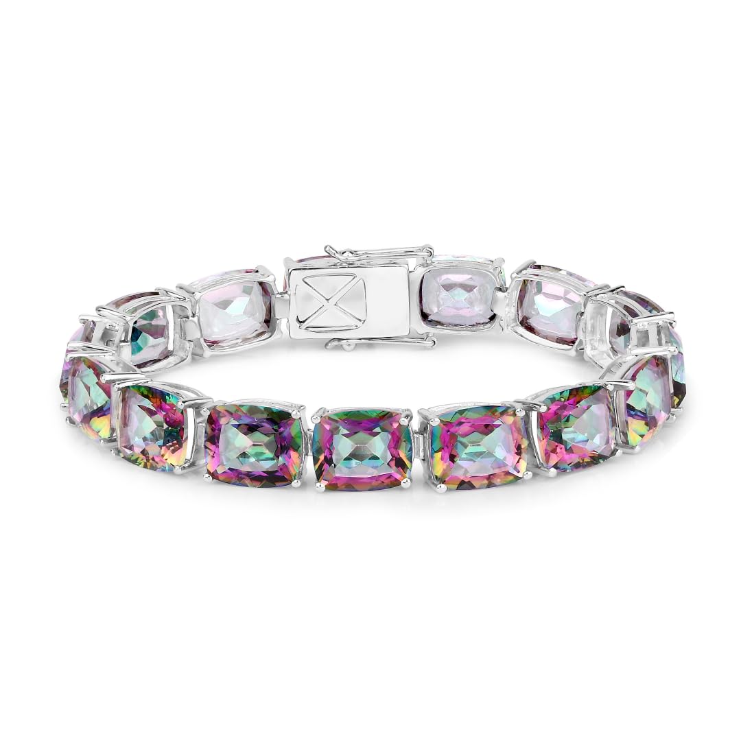 75.20 Cttw Cushion Rainbow Quartz Prong Silver Tennis Bracelet