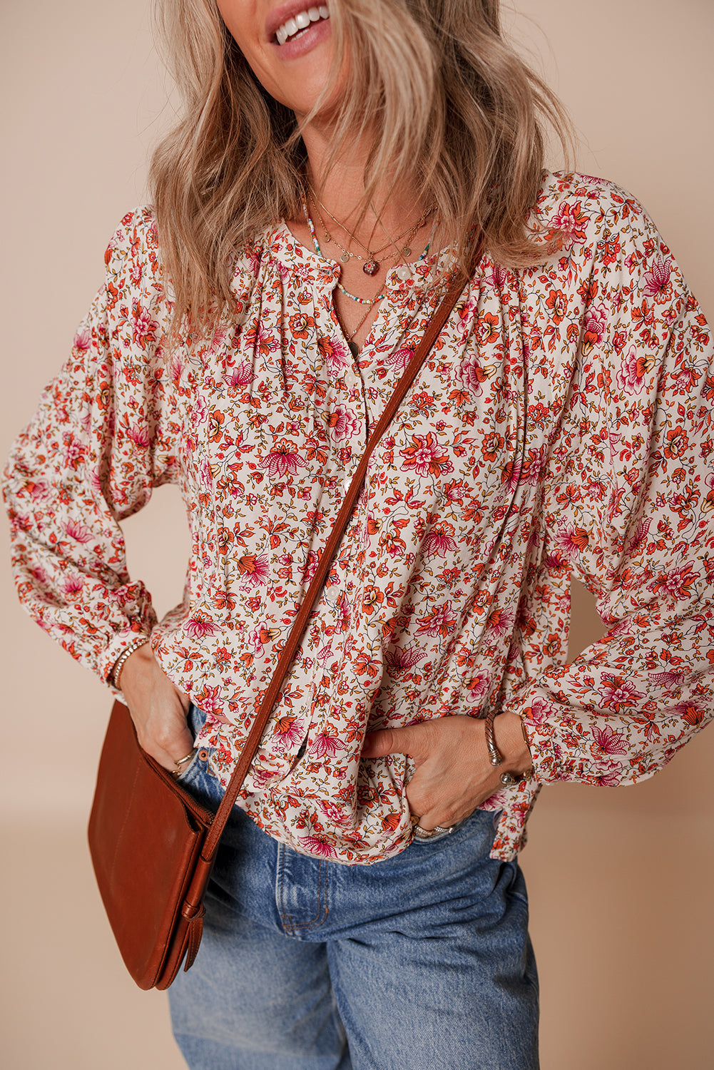 Threaded Pear Carter Notched Puff Sleeve Blouse