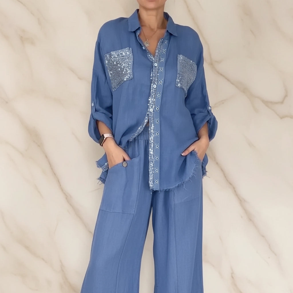 Women's Sequin Pocket & Placket Oversized Shirt & Wide-Leg Pants Set
