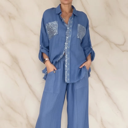 Women's Sequin Pocket & Placket Oversized Shirt & Wide-Leg Pants Set