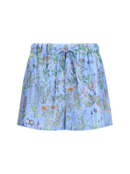 Shorts Printed Silk Twill Azure/Ivory