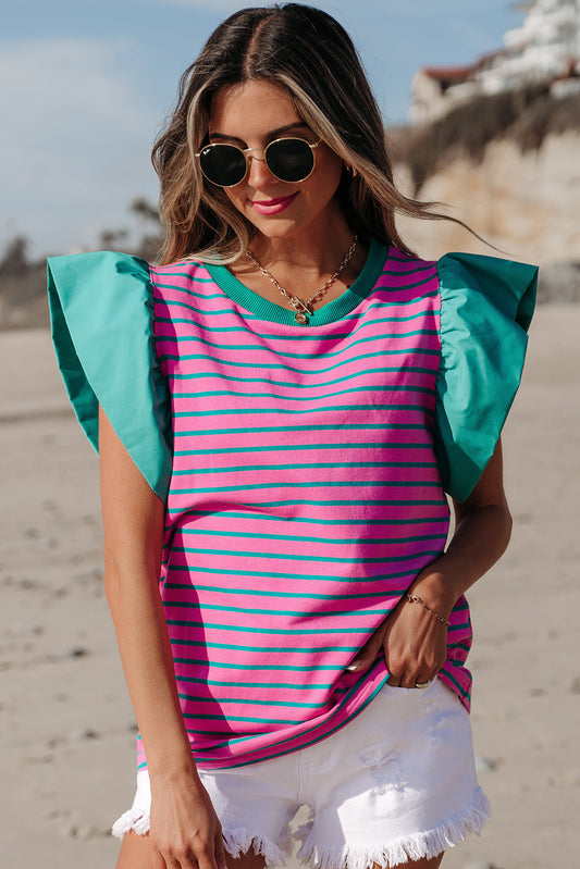Threaded Pear Adrianna Stripe Ruffled Sleeve Crew Neck Blouse