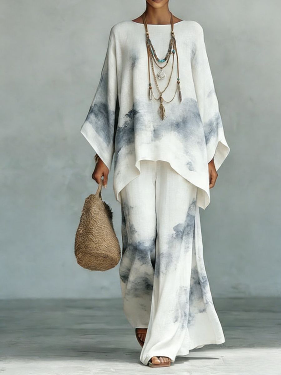 Floral Print Bamboo Linen Two-Piece Set with Wide-Leg Pants