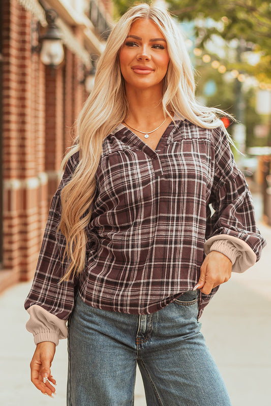 Threaded Pear Lauren Plaid Patchwork Long Sleeve Hooded Top
