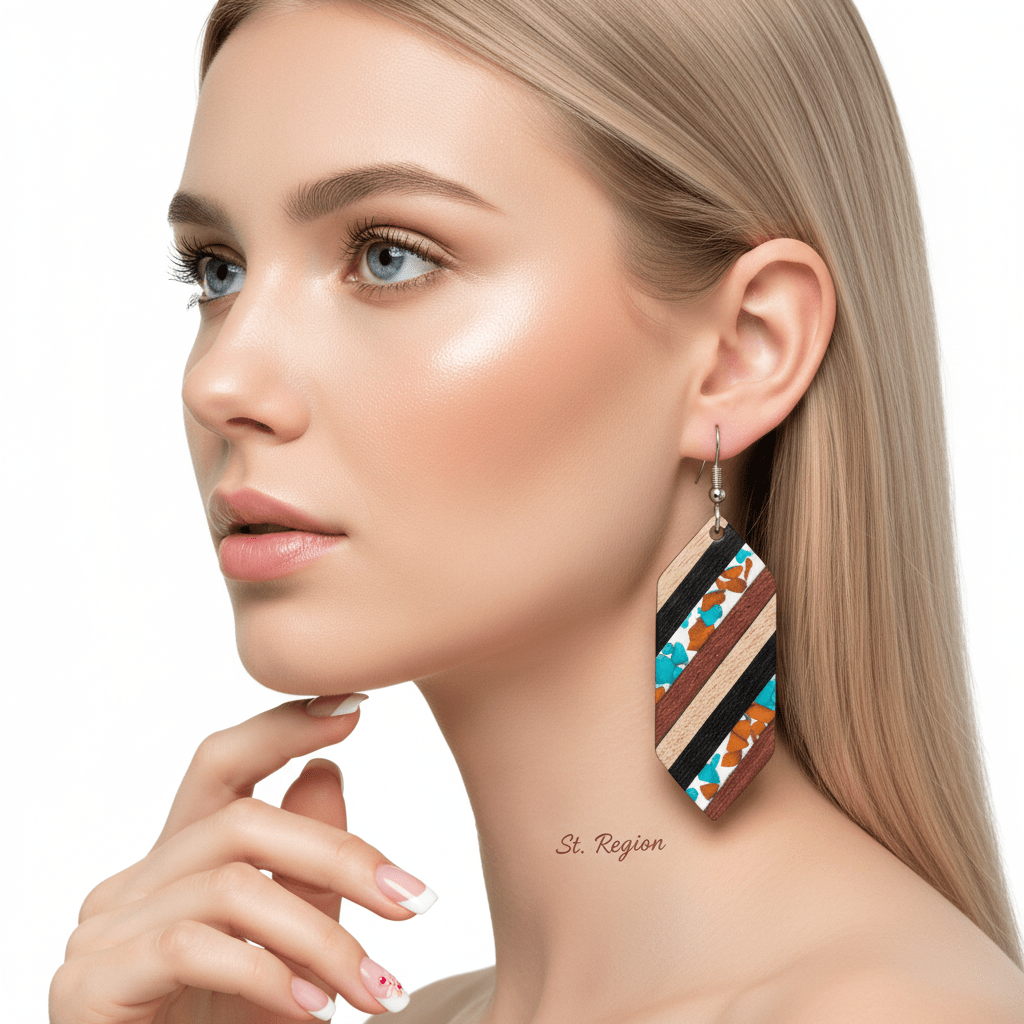 Multi-Colored Resin & Wood Silvertone Striped Hexagonal Hook Earrings