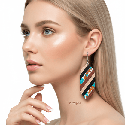 Multi-Colored Resin & Wood Silvertone Striped Hexagonal Hook Earrings