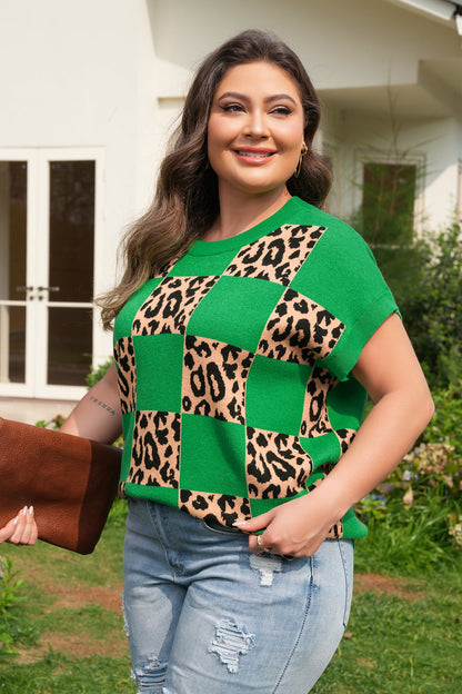 Threaded Pear Cattleya Checkered Short Sleeve Plus Sweater