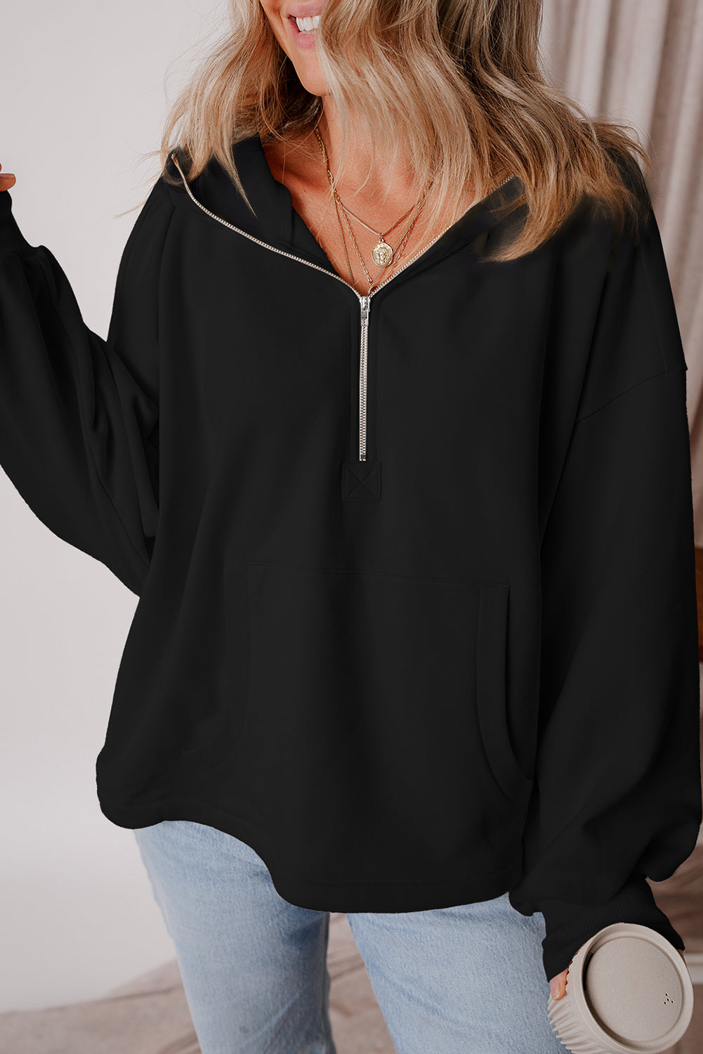 Threaded Pear Kate Fleece Lined Half Zipper Kangaroo Pockets Loose Hoodie