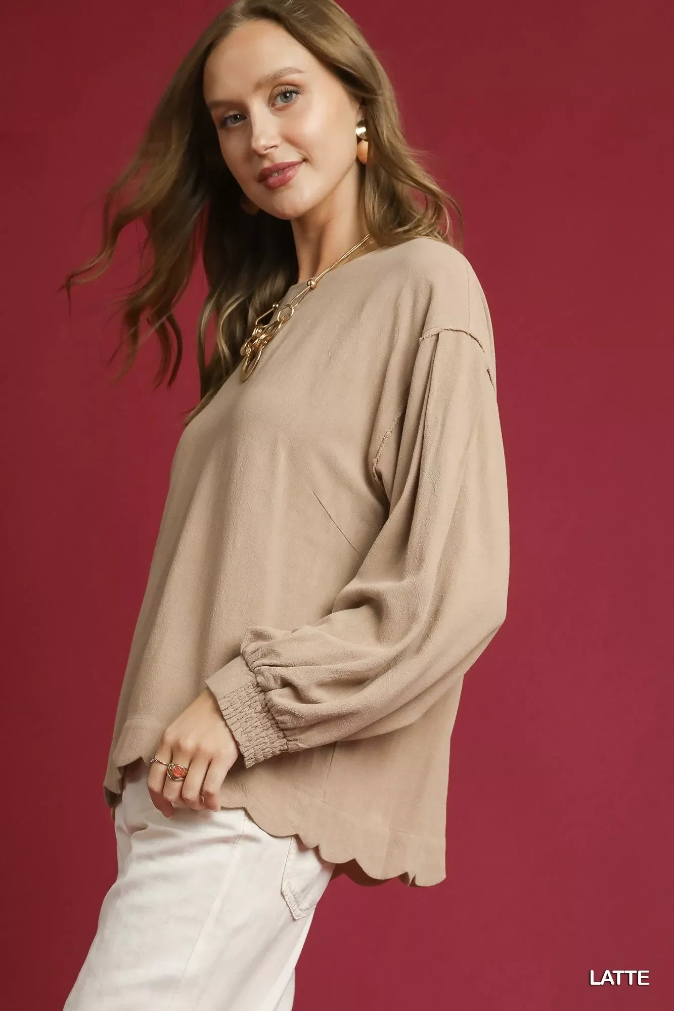 Umgee Linen Scallop Hem Long Sleeve Blouse | Fitiquefit