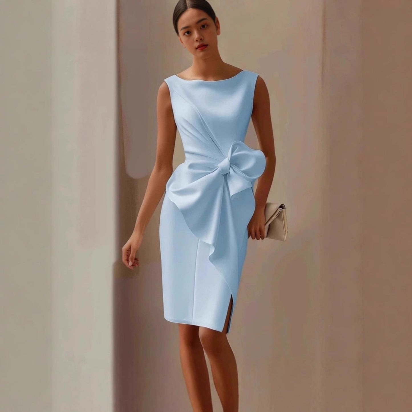 Women's Bow-Knot Sleeveless Midi Dress – High Waist A-Line