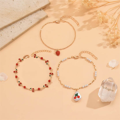 Enamel & Pearl Goldtone Strawberry Cherry Charm Tassel Anklet Set