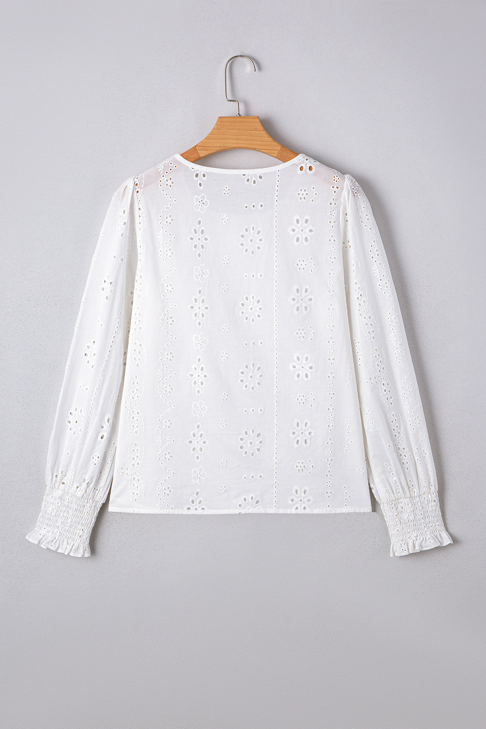 Threaded Pear Allison Eyelet Embroidered Smocked Cuff Sheer Blouse
