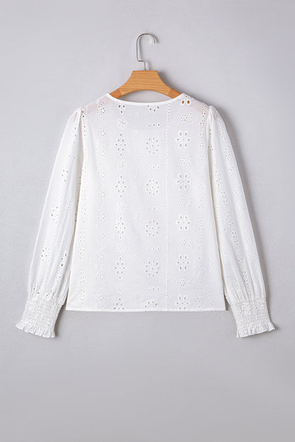 Threaded Pear Allison Eyelet Embroidered Smocked Cuff Sheer Blouse