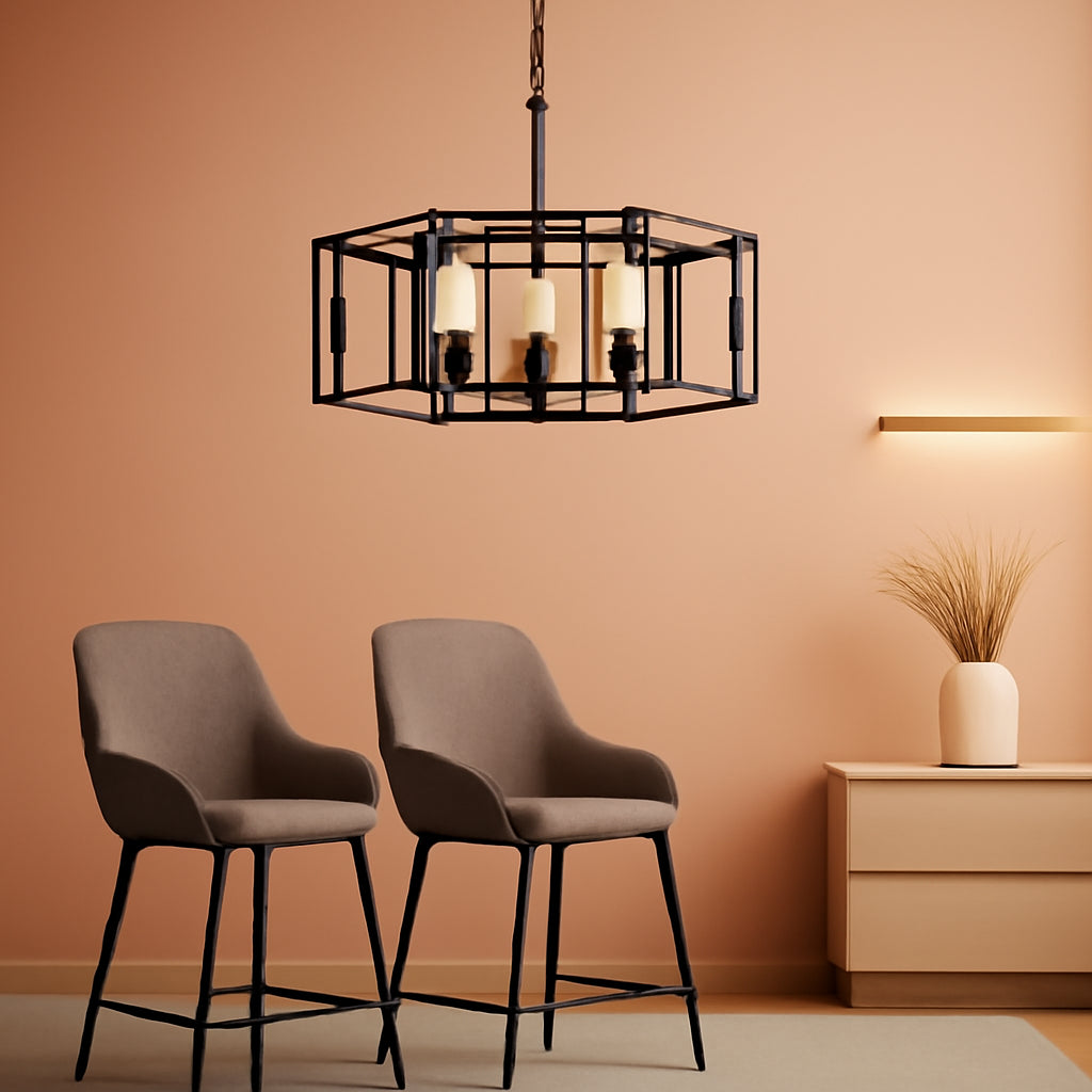 Industrial Style Chandelier, with Matt Black Finish Geometric Shade Pendant Lighting Fixture for Dining Room Living Room Kitchen Island Bedroom 5-Light