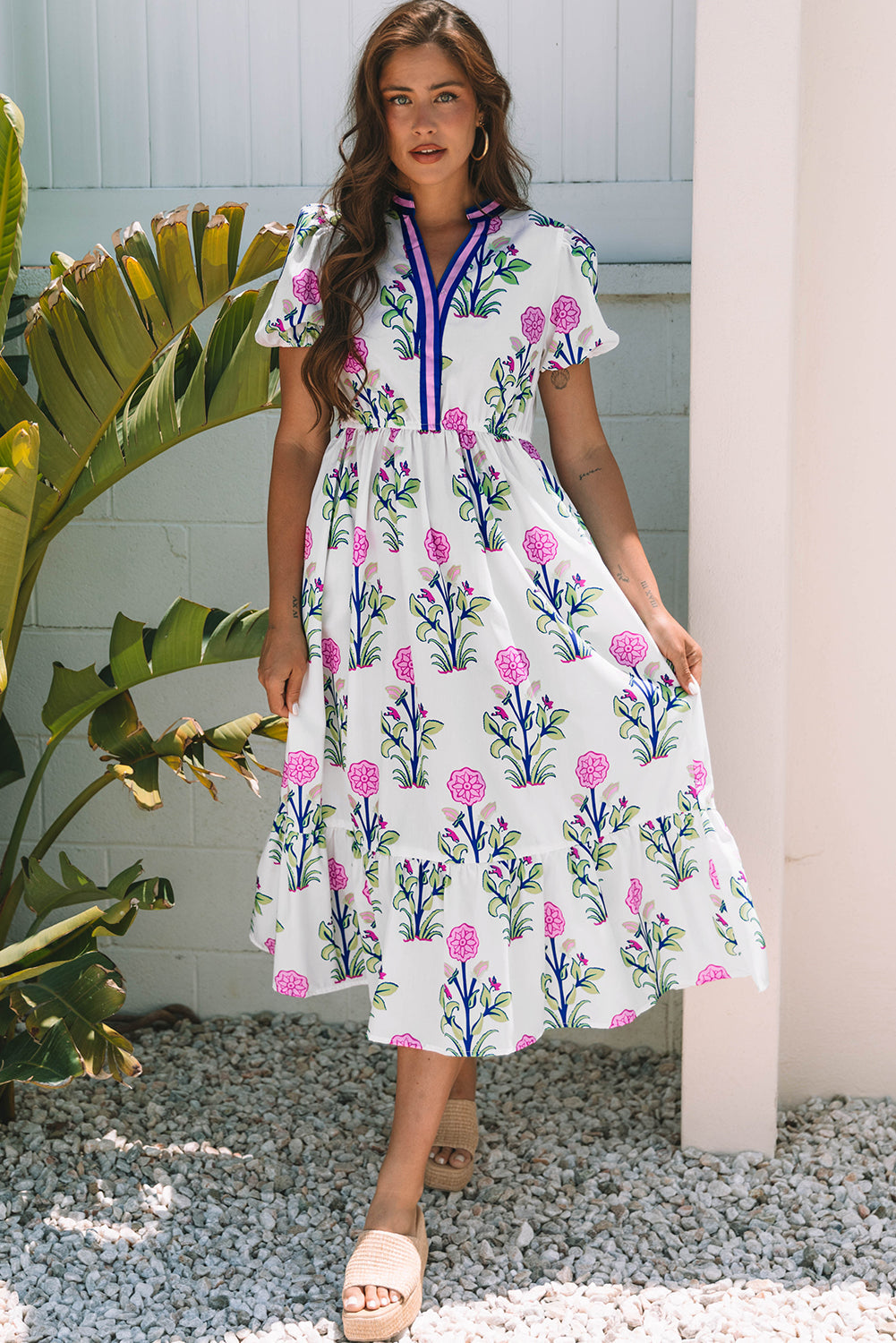 Threaded Pear Julietta Floral Puff Short Sleeve V Neck High Waist Maxi Dress