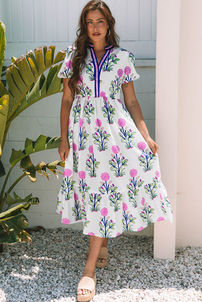 Threaded Pear Julietta Floral Puff Short Sleeve V Neck High Waist Maxi Dress