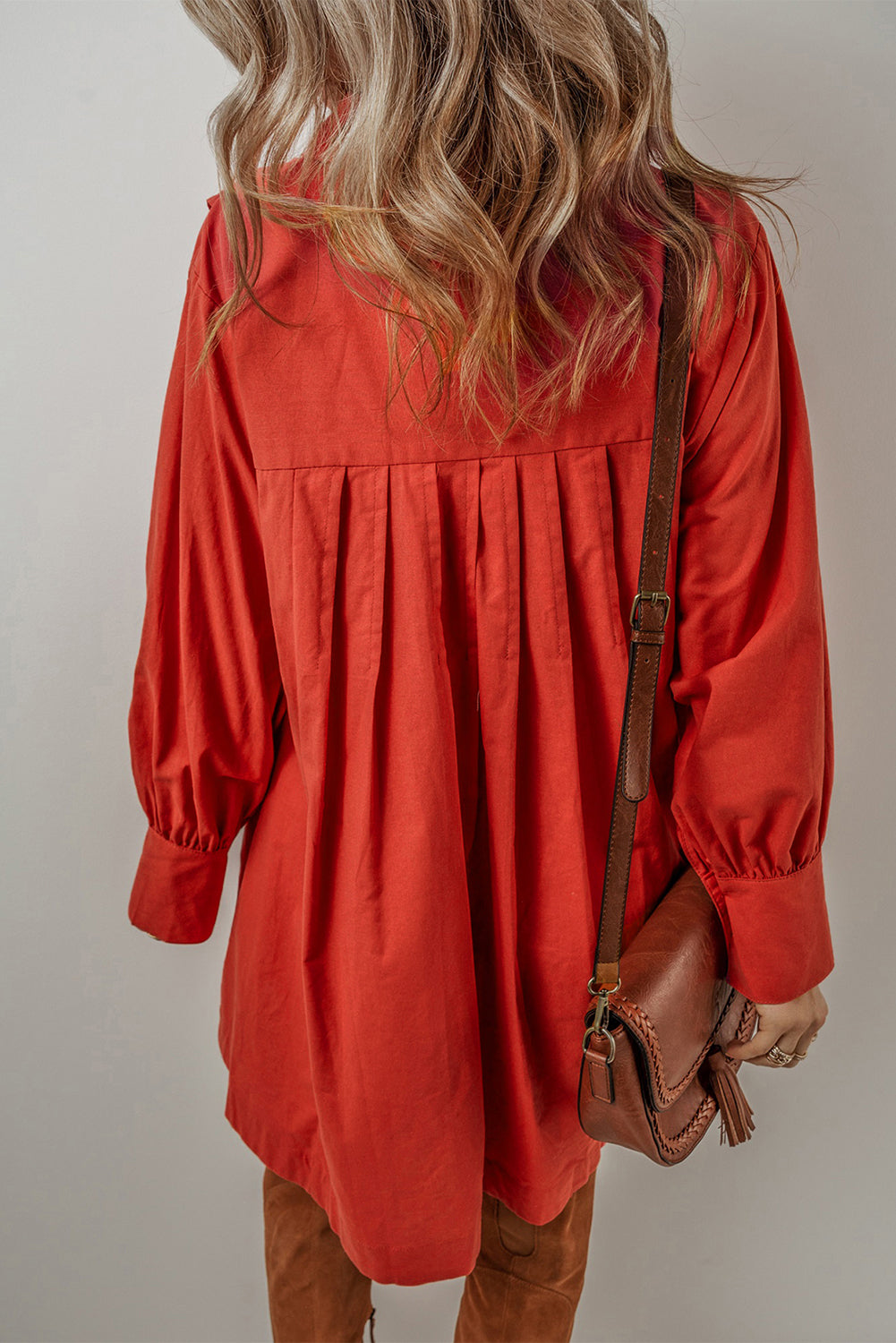 Threaded Pear Eleanor Bishop Sleeve Button Up Pleated Mini Dress