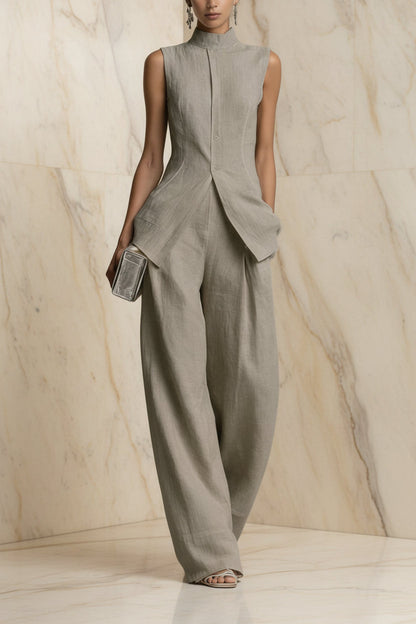 Women's Stand Collar Longline Vest Top & Wide-Leg Trousers Two-Piece Set