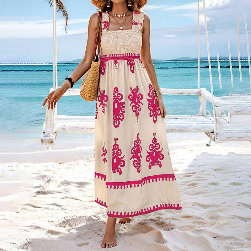 Women's Wide-Strap Printed Maxi Dress – Smocked Bodice & Tassel Waist