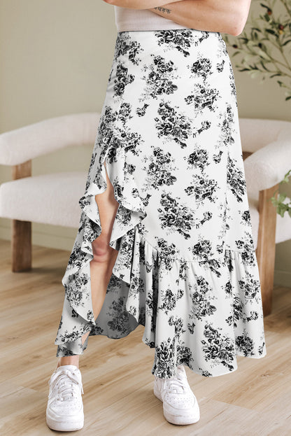 Threaded Pear Salma Boho Floral High Waist Ruffle Split Maxi Skirt