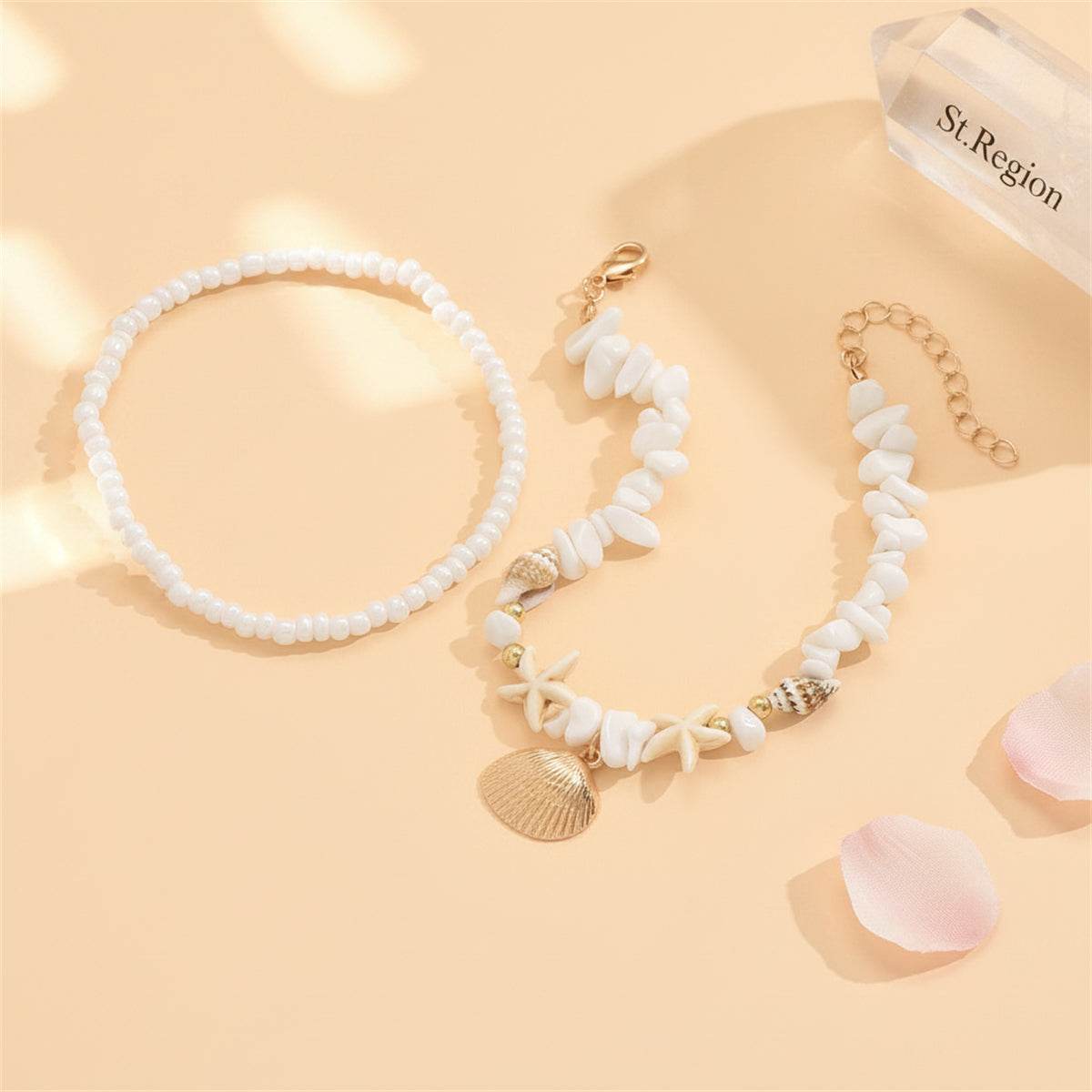 White Turqouise & Howlite Shell Goldtone Irregular Beads Anklet Set