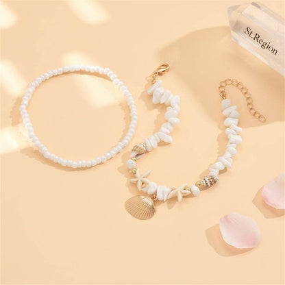 White Turqouise & Howlite Shell Goldtone Irregular Beads Anklet Set