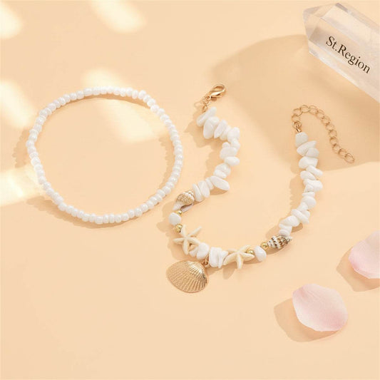 White Turqouise & Howlite Shell Goldtone Irregular Beads Anklet Set