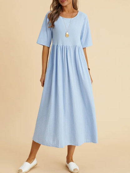 Plus Size Cotton Linen Midi Dress | Round Neck Pocket Dress