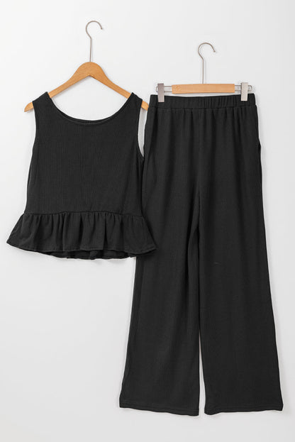Threaded Pear Teresa Ribbed Ruffle Tank Top and Pants Set